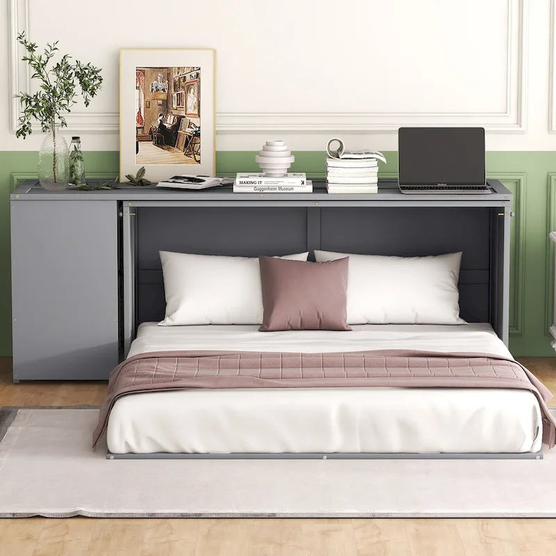 Queen Wooden Murphy Bed with Rotating Desk, Foldable Cabinet