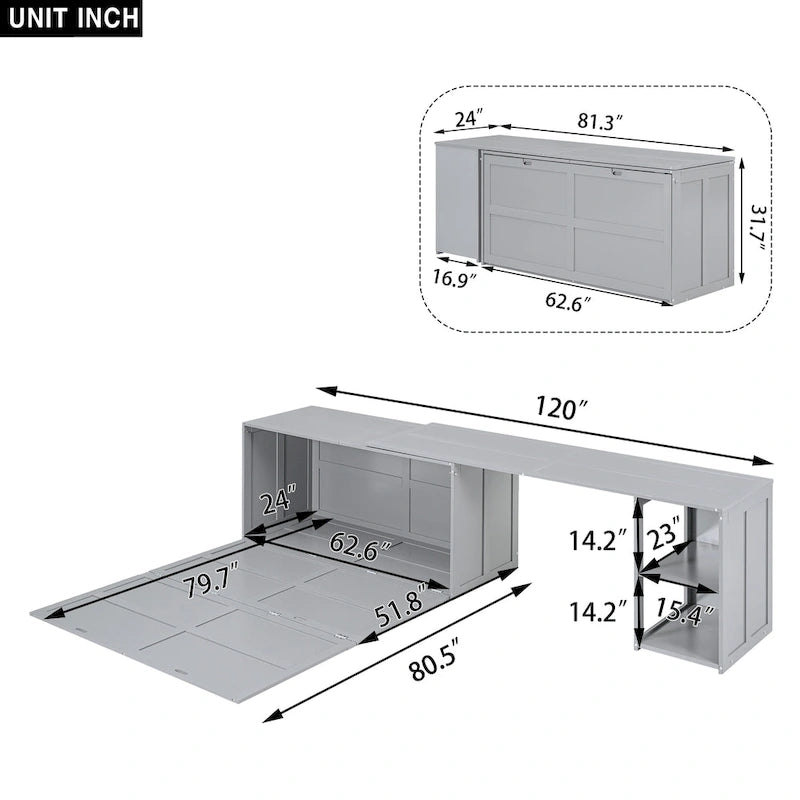 Queen Wooden Murphy Bed with Rotating Desk, Foldable Cabinet