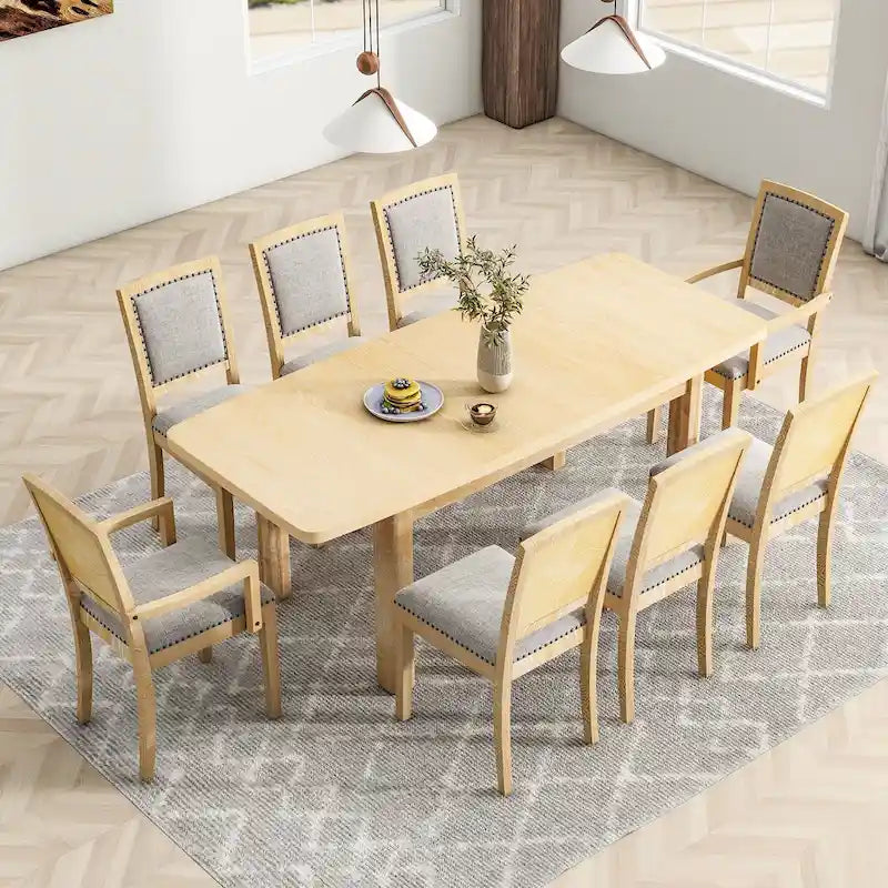 7-Piece Wooden Dining Table Set with Extendable Table, 6 Armless & 2 Armchairs