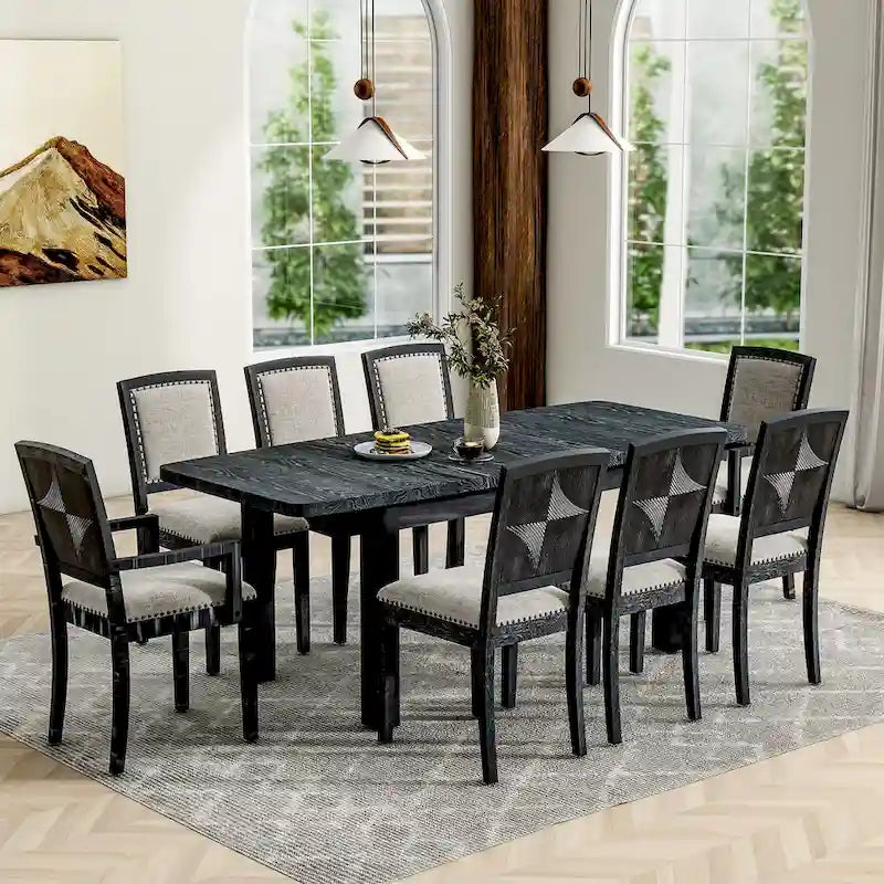 7-Piece Wooden Dining Table Set with Extendable Table, 6 Armless & 2 Armchairs