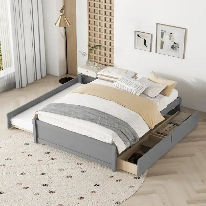 Full Solid Wood Platform Bed with Twin Trundle