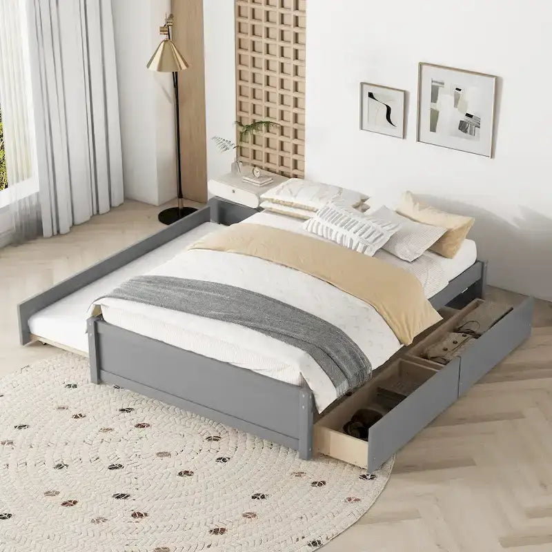 Full Solid Wood Platform Bed with Twin Trundle