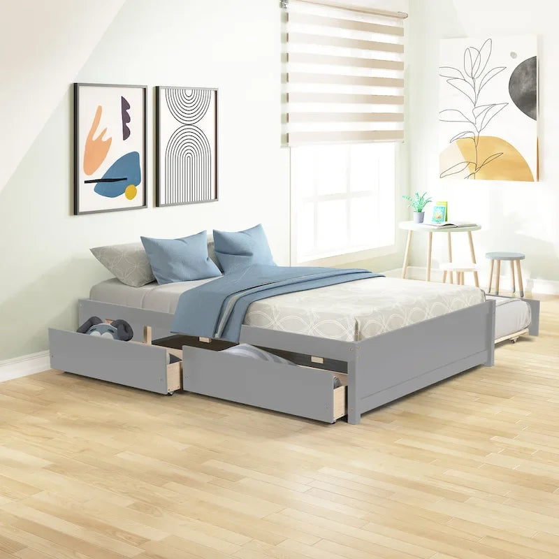 Full Solid Wood Platform Bed with Twin Trundle