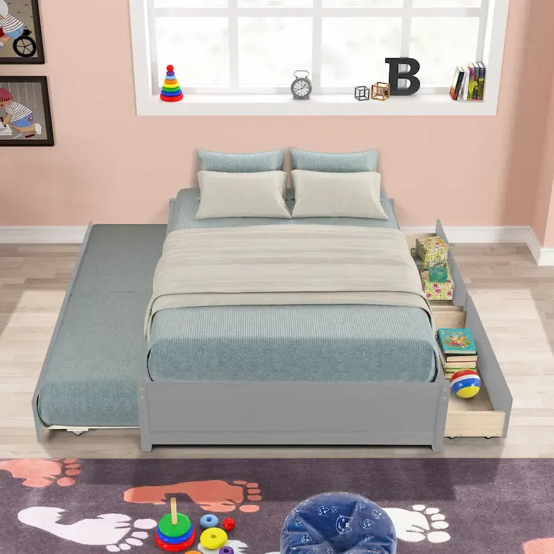 Full Solid Wood Platform Bed with Twin Trundle