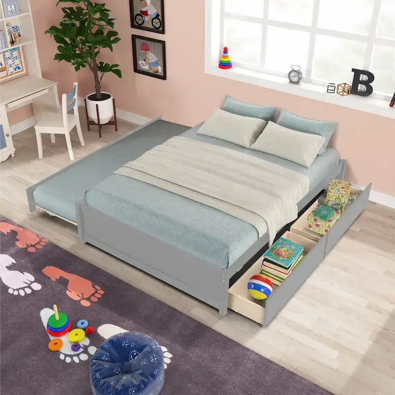 Full Solid Wood Platform Bed with Twin Trundle
