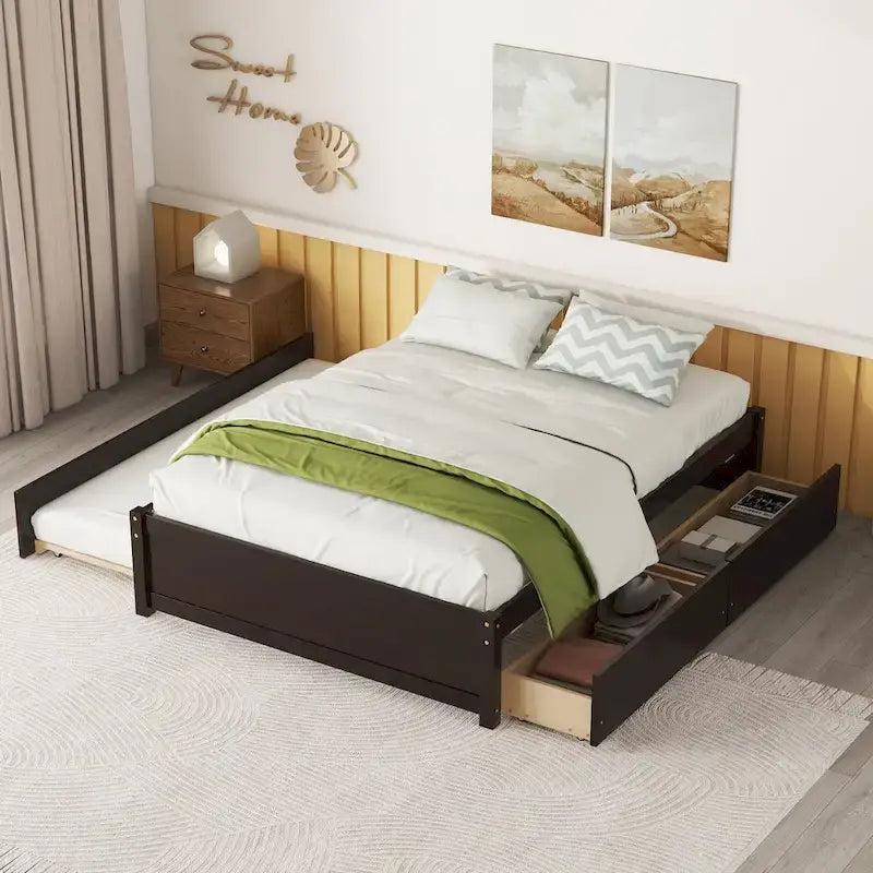Full Solid Wood Platform Bed with Twin Trundle