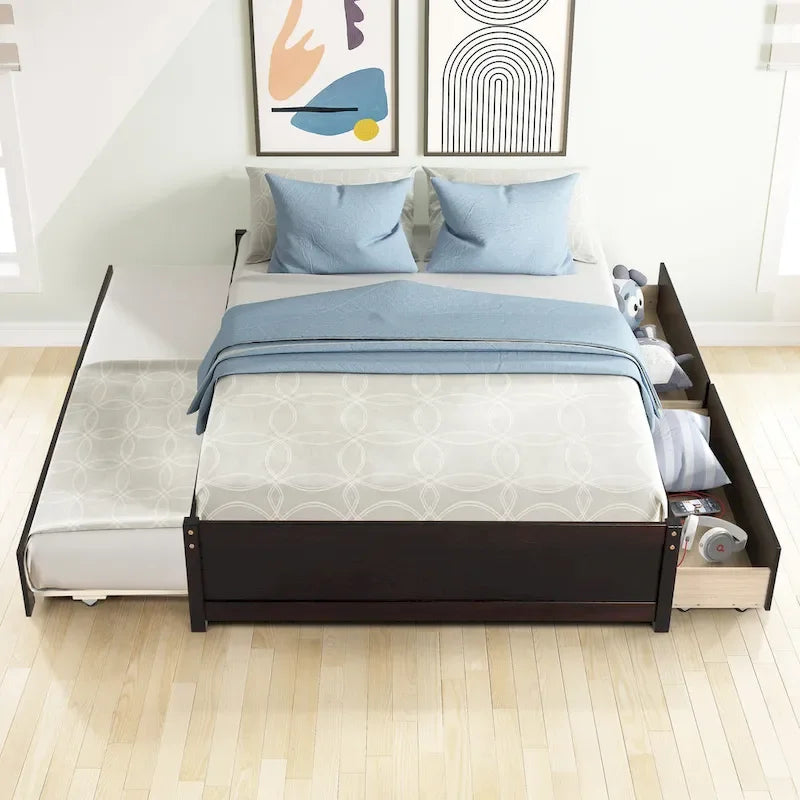 Full Solid Wood Platform Bed with Twin Trundle