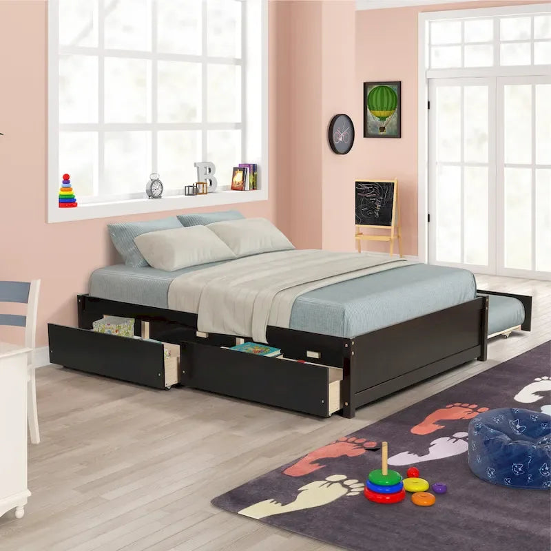 Full Solid Wood Platform Bed with Twin Trundle