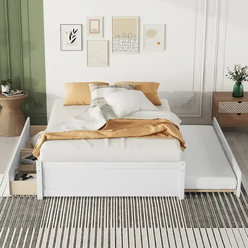 Full Solid Wood Platform Bed with Twin Trundle