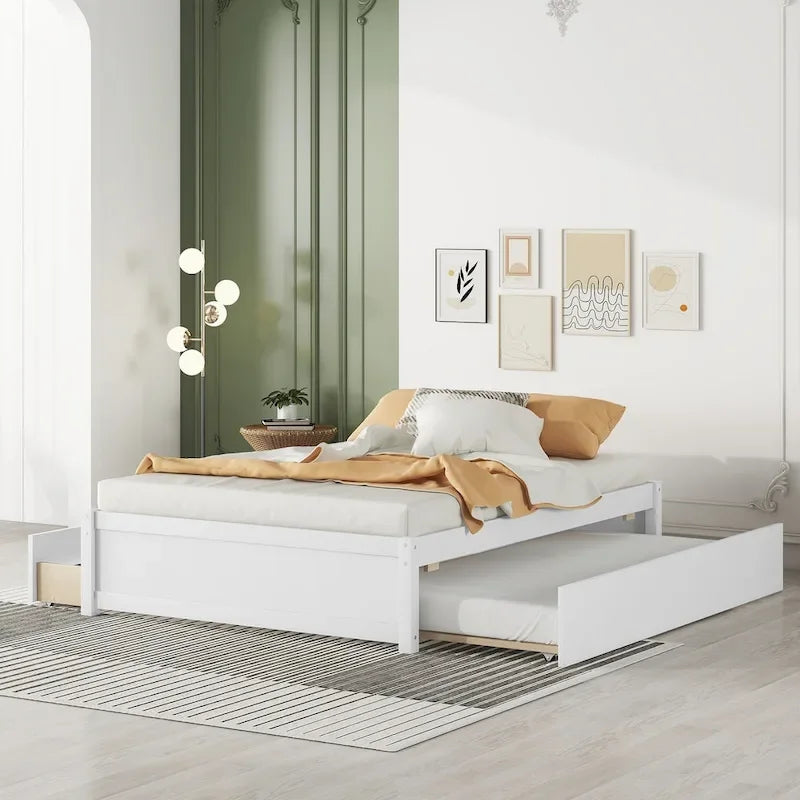 Full Solid Wood Platform Bed with Twin Trundle