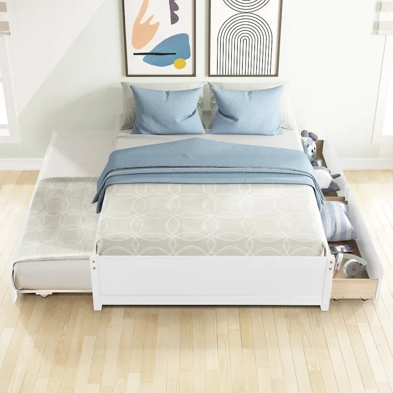 Full Solid Wood Platform Bed with Twin Trundle