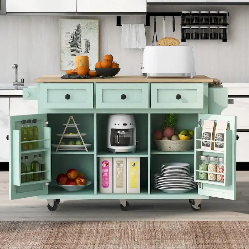 Kitchen Island Cart on 5 Wheels, Breakfast Bar Cabinet, Rolling Kitchen Island with Drop Leaf, 3 Drawers & Removable Shelves