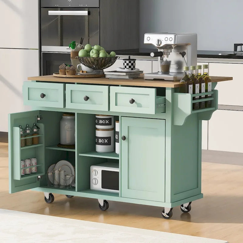 Kitchen Island Cart on 5 Wheels, Breakfast Bar Cabinet, Rolling Kitchen Island with Drop Leaf, 3 Drawers & Removable Shelves