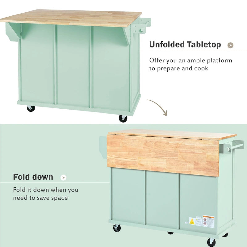 Kitchen Island Cart on 5 Wheels, Breakfast Bar Cabinet, Rolling Kitchen Island with Drop Leaf, 3 Drawers & Removable Shelves