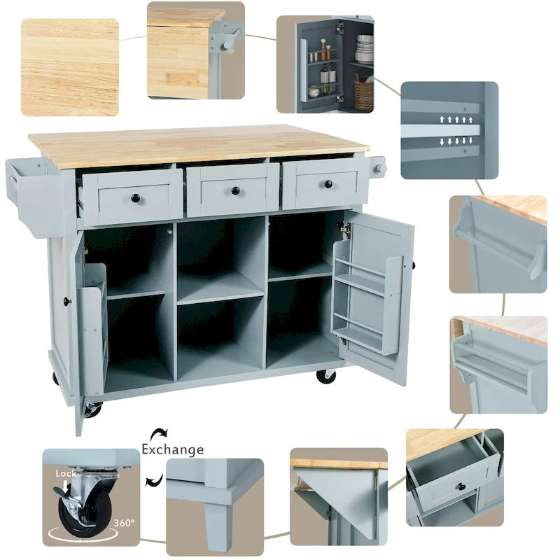Kitchen Island Cart on 5 Wheels, Breakfast Bar Cabinet, Rolling Kitchen Island with Drop Leaf, 3 Drawers & Removable Shelves