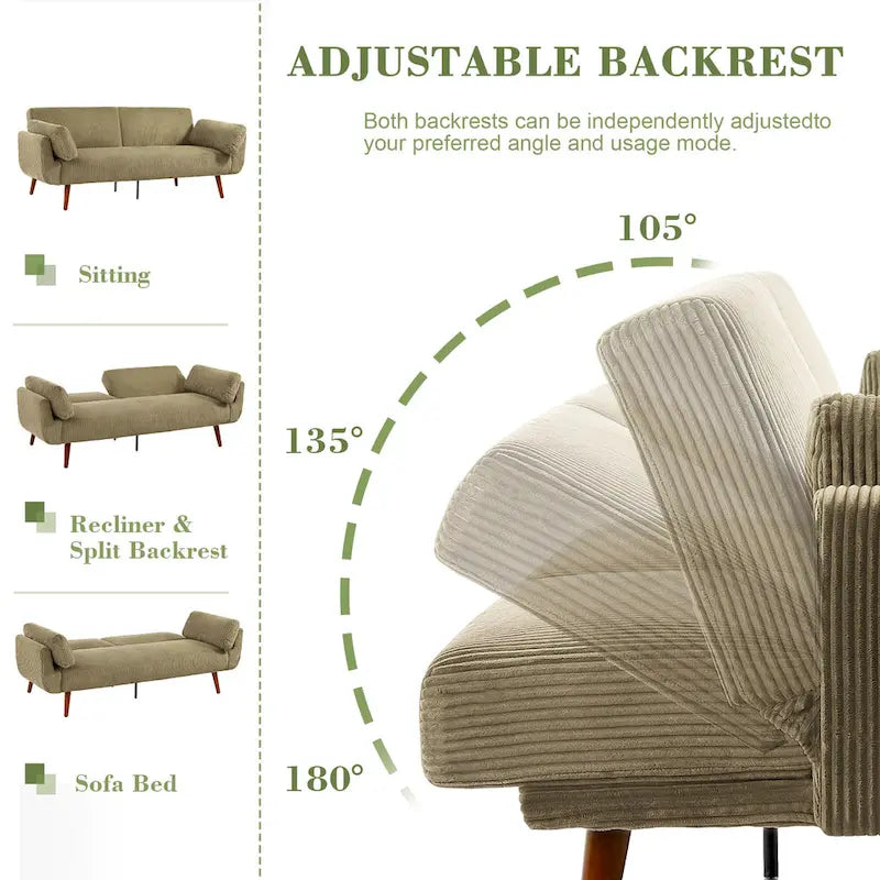 73 W Upholstered Corduroy Convertible Sleeper Sofa Bed with Pillows