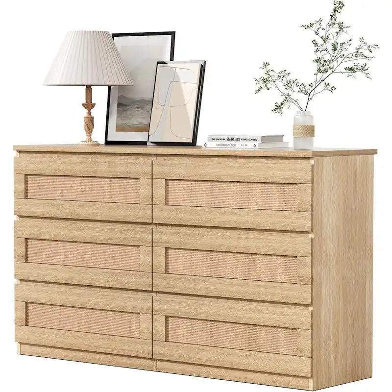 Rattan Dresser for Bedroom, 6 Drawer Double Dresser, Modern Wood Chest of Drawers