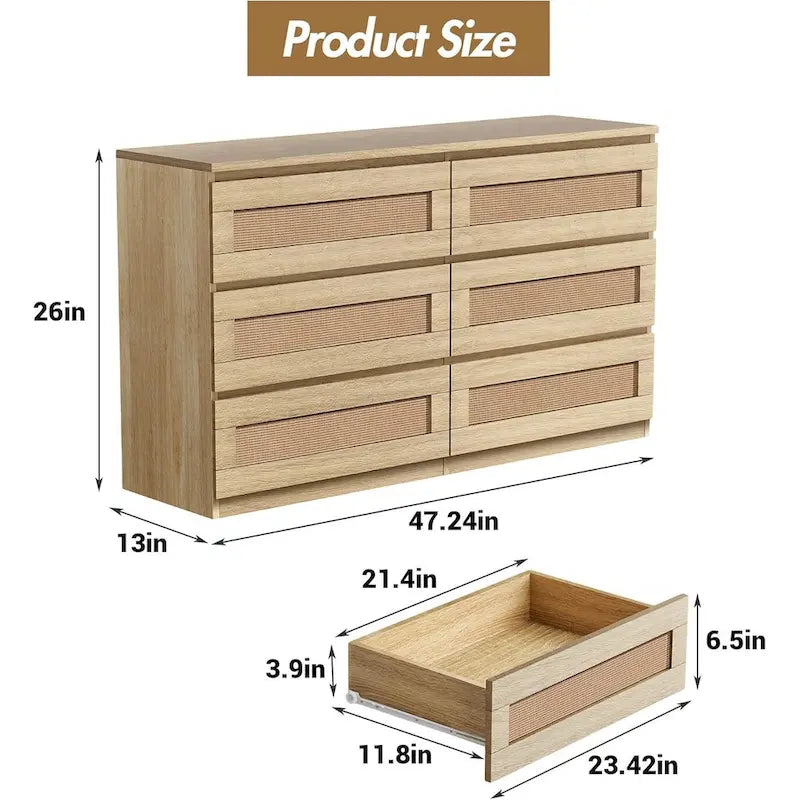 Rattan Dresser for Bedroom, 6 Drawer Double Dresser, Modern Wood Chest of Drawers