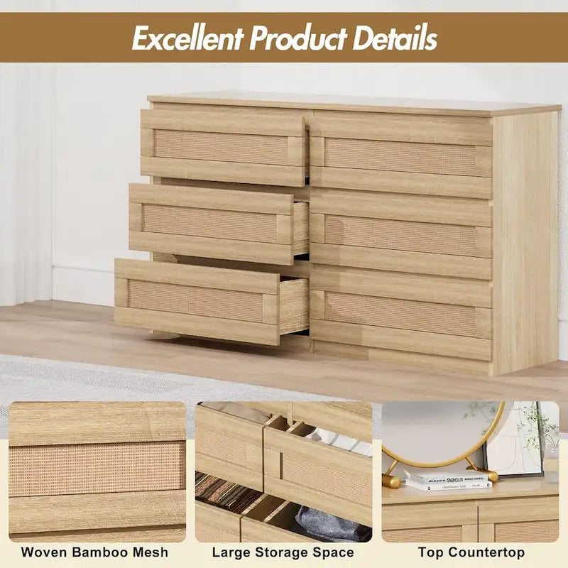 Rattan Dresser for Bedroom, 6 Drawer Double Dresser, Modern Wood Chest of Drawers