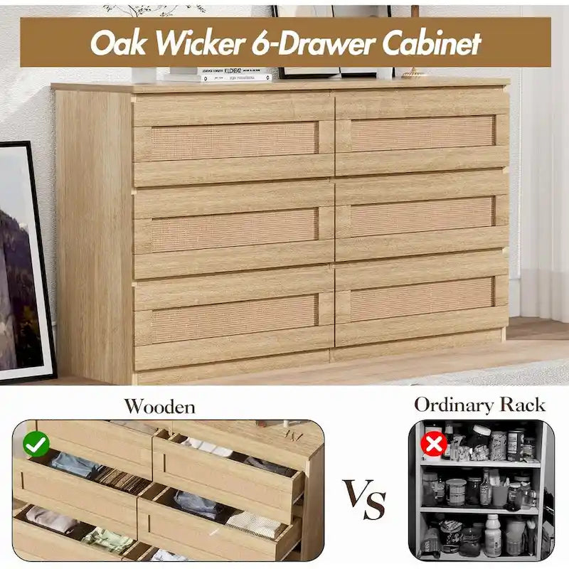 Rattan Dresser for Bedroom, 6 Drawer Double Dresser, Modern Wood Chest of Drawers