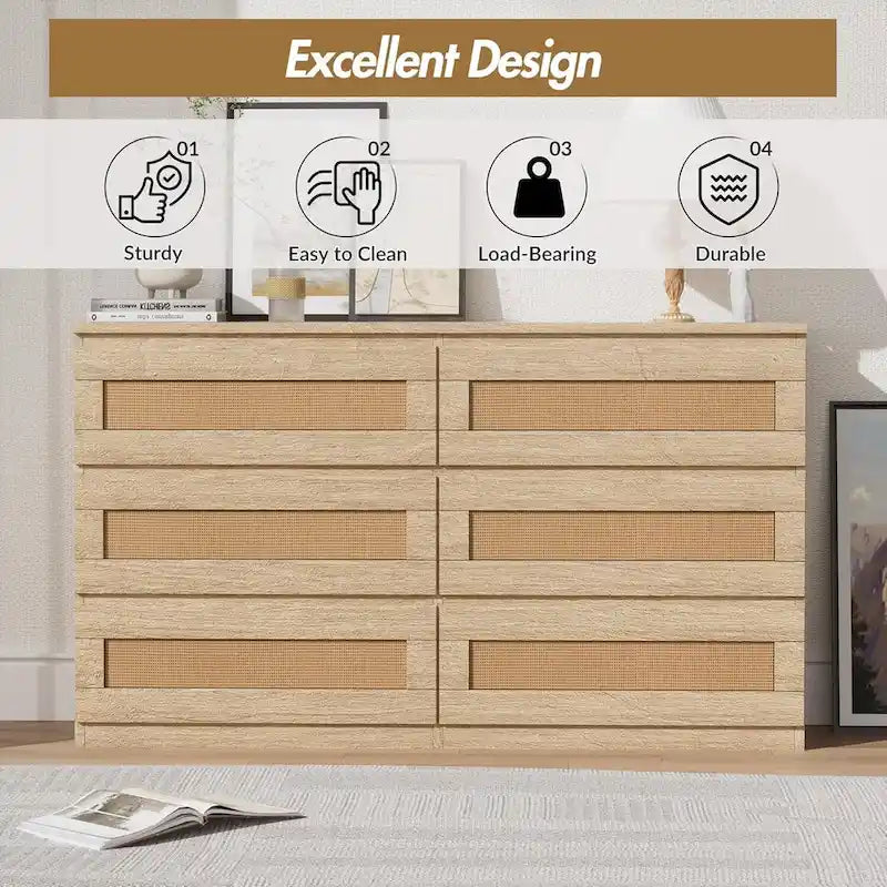 Rattan Dresser for Bedroom, 6 Drawer Double Dresser, Modern Wood Chest of Drawers