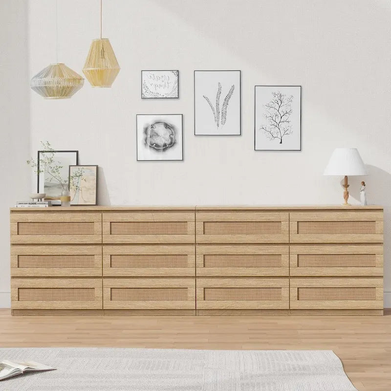 Rattan Dresser for Bedroom, 6 Drawer Double Dresser, Modern Wood Chest of Drawers