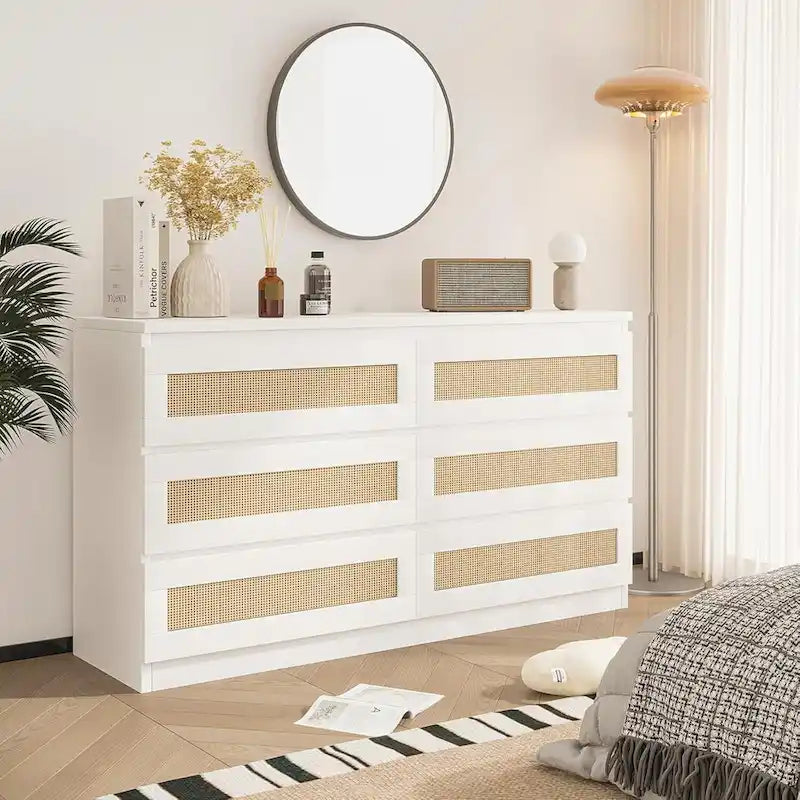 Rattan Dresser for Bedroom, 6 Drawer Double Dresser, Modern Wood Chest of Drawers