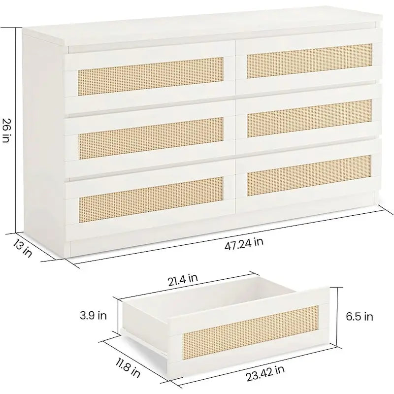 Rattan Dresser for Bedroom, 6 Drawer Double Dresser, Modern Wood Chest of Drawers