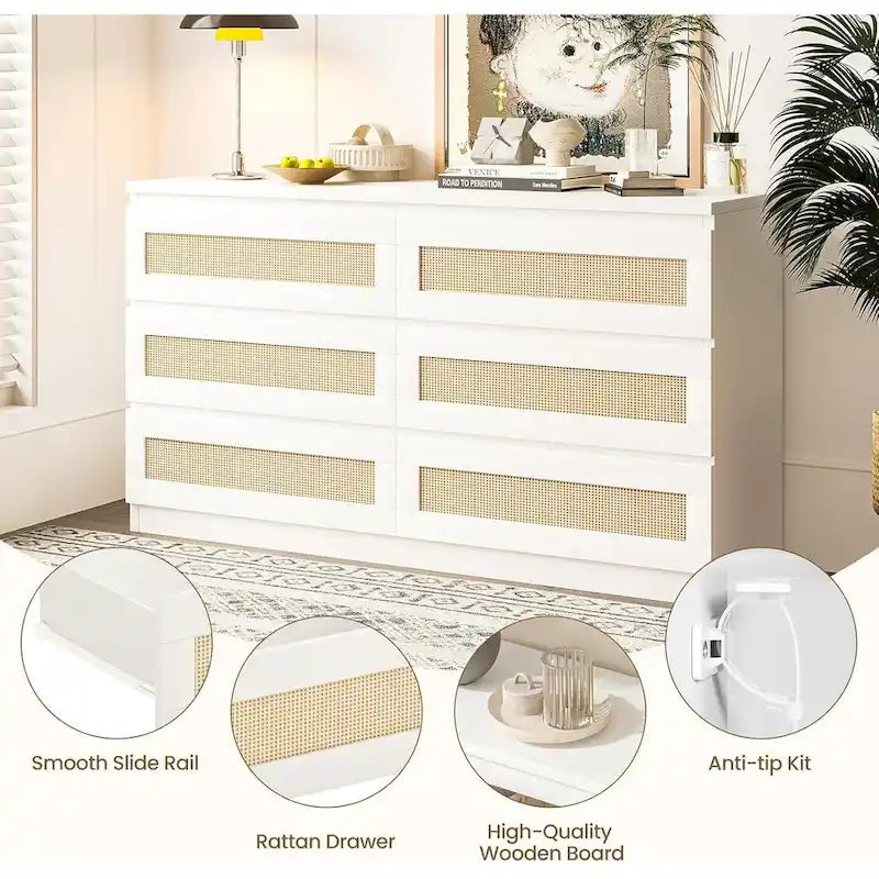 Rattan Dresser for Bedroom, 6 Drawer Double Dresser, Modern Wood Chest of Drawers