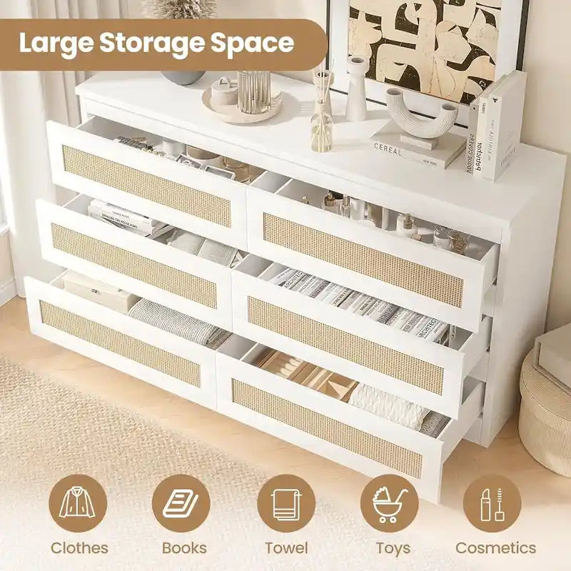 Rattan Dresser for Bedroom, 6 Drawer Double Dresser, Modern Wood Chest of Drawers