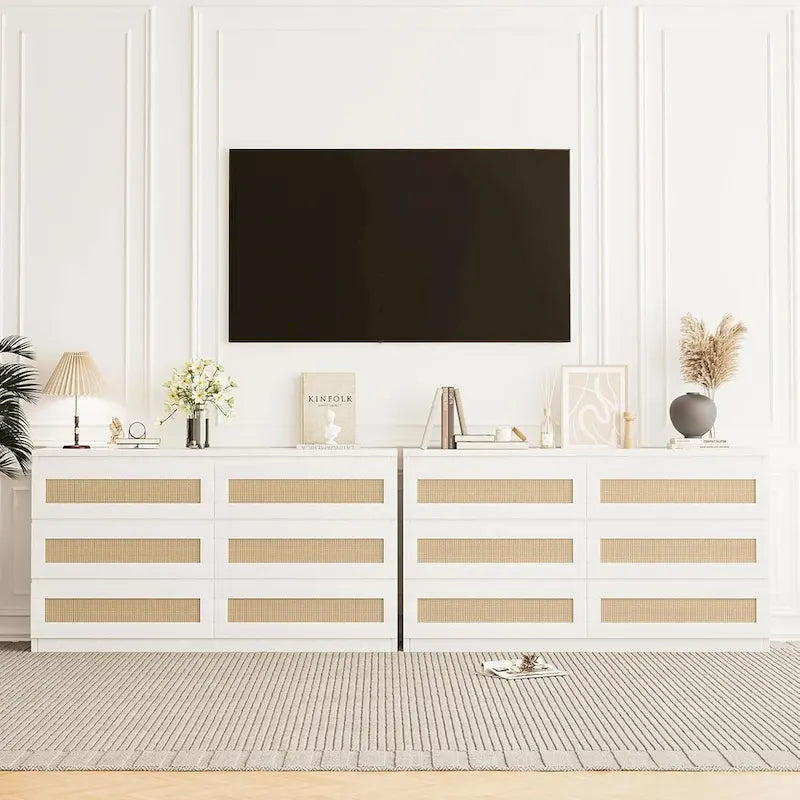 Rattan Dresser for Bedroom, 6 Drawer Double Dresser, Modern Wood Chest of Drawers