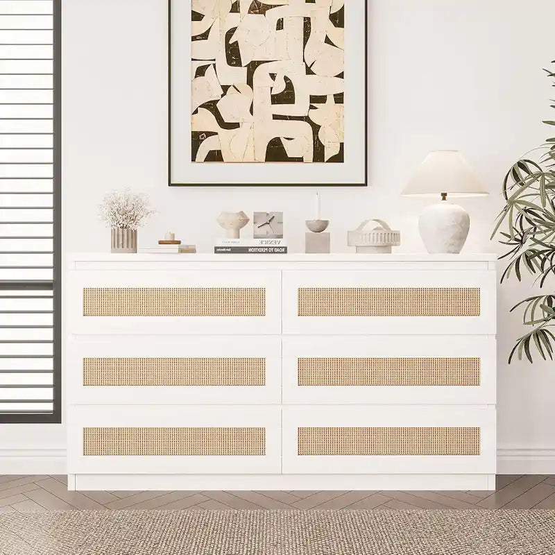 Rattan Dresser for Bedroom, 6 Drawer Double Dresser, Modern Wood Chest of Drawers