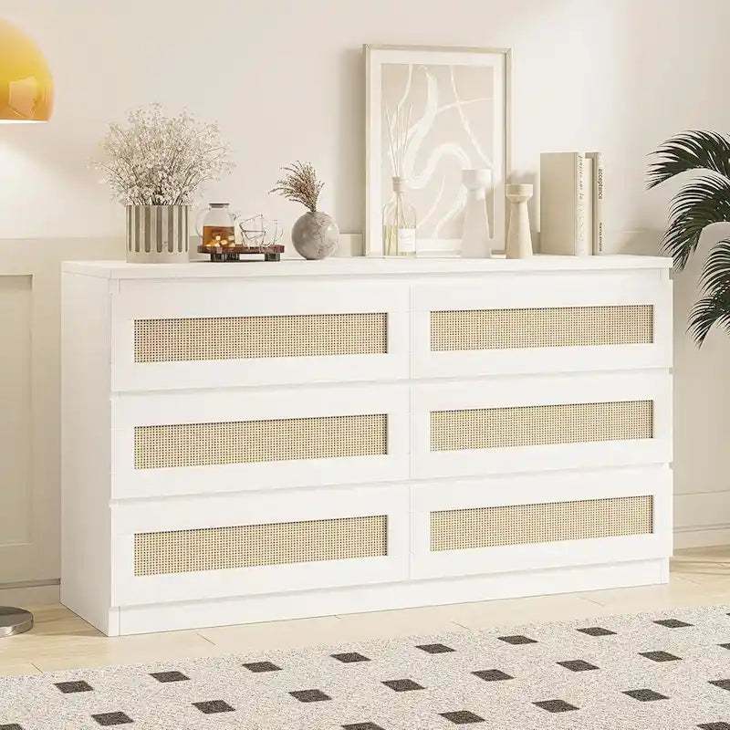 Rattan Dresser for Bedroom, 6 Drawer Double Dresser, Modern Wood Chest of Drawers