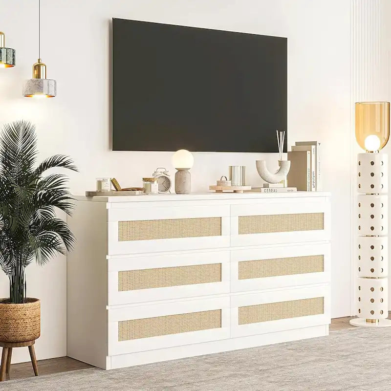 Rattan Dresser for Bedroom, 6 Drawer Double Dresser, Modern Wood Chest of Drawers