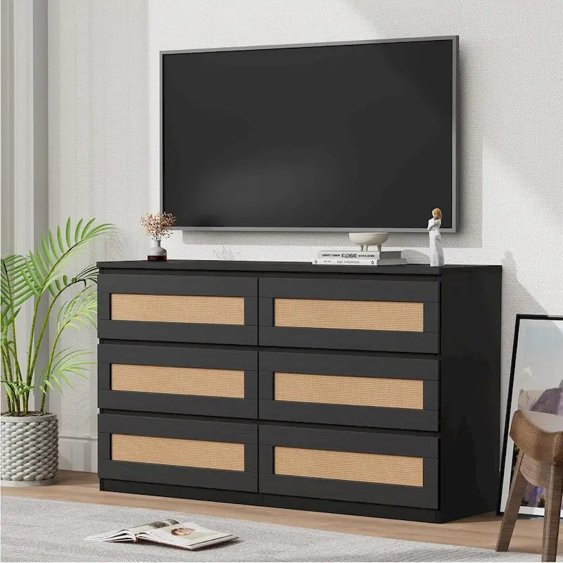 Rattan Dresser for Bedroom, 6 Drawer Double Dresser, Modern Wood Chest of Drawers