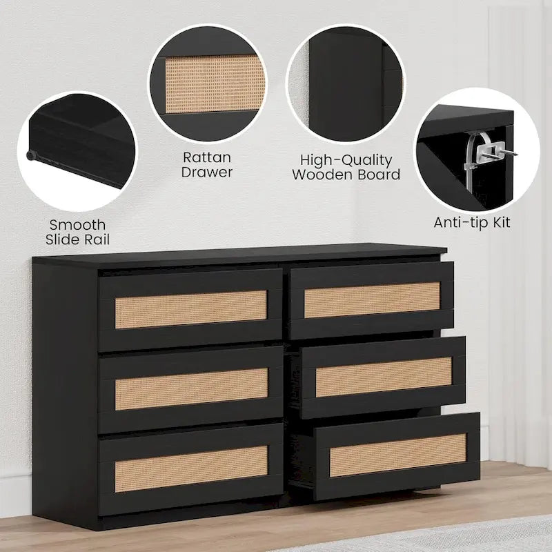 Rattan Dresser for Bedroom, 6 Drawer Double Dresser, Modern Wood Chest of Drawers