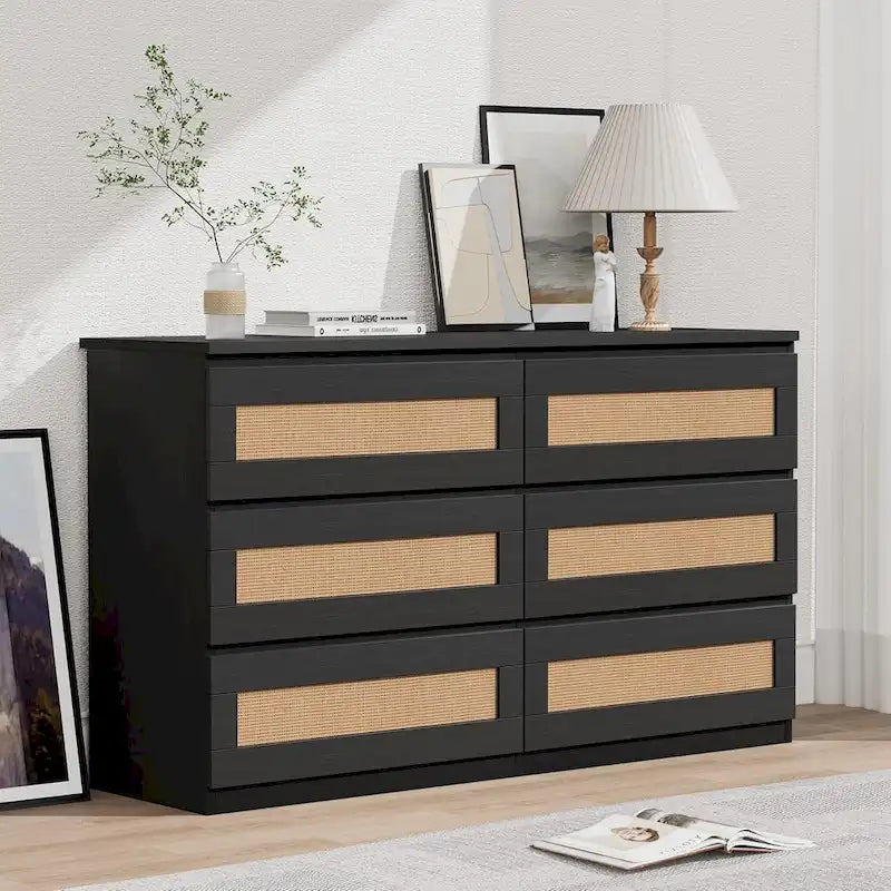 Rattan Dresser for Bedroom, 6 Drawer Double Dresser, Modern Wood Chest of Drawers
