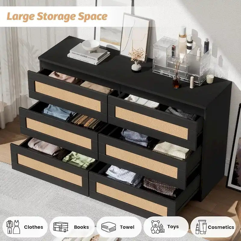 Rattan Dresser for Bedroom, 6 Drawer Double Dresser, Modern Wood Chest of Drawers