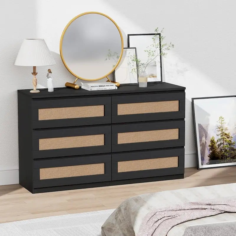 Rattan Dresser for Bedroom, 6 Drawer Double Dresser, Modern Wood Chest of Drawers