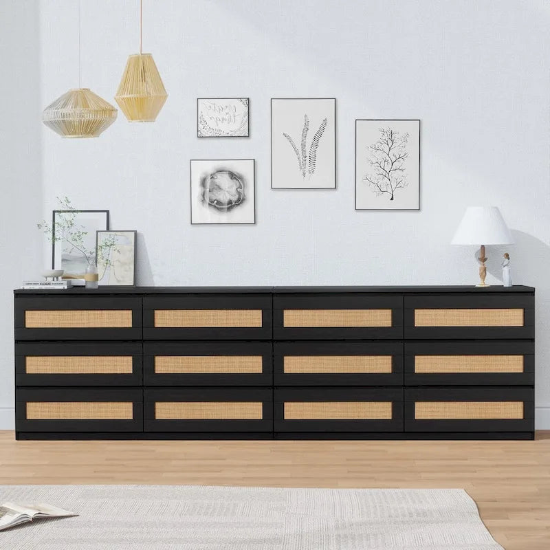 Rattan Dresser for Bedroom, 6 Drawer Double Dresser, Modern Wood Chest of Drawers