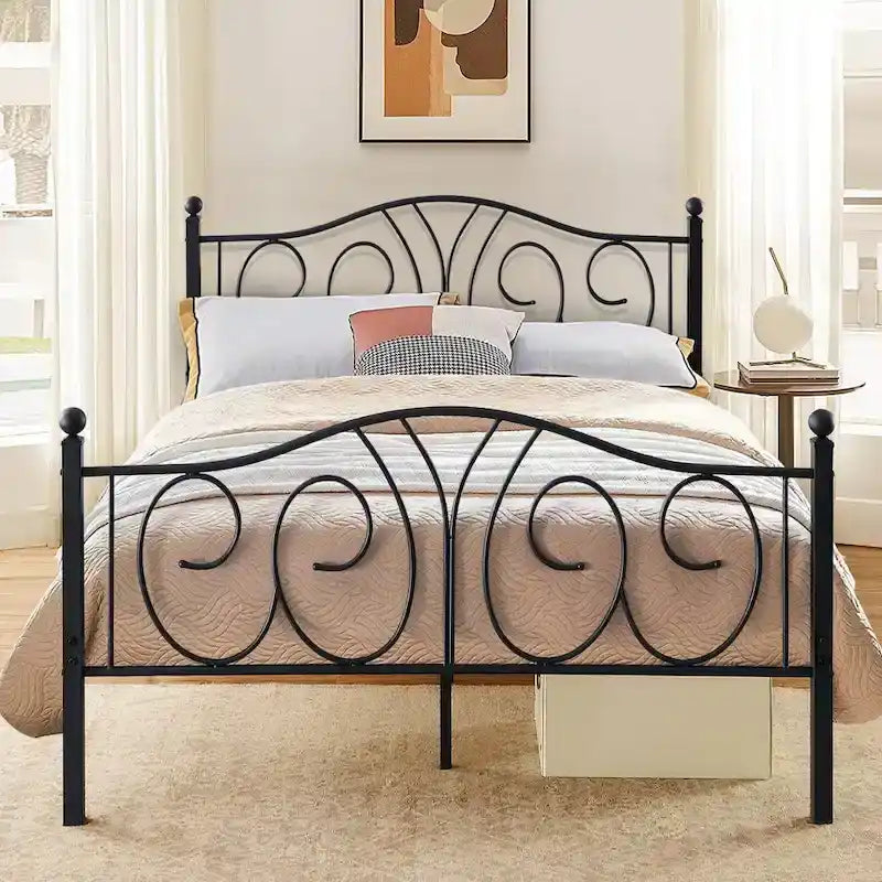 VECELO Platform Bed Frame with Scroll Headboard, Twin/Full/Queen Size Beds