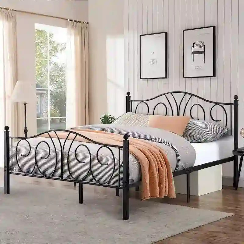 VECELO Platform Bed Frame with Scroll Headboard, Twin/Full/Queen Size Beds