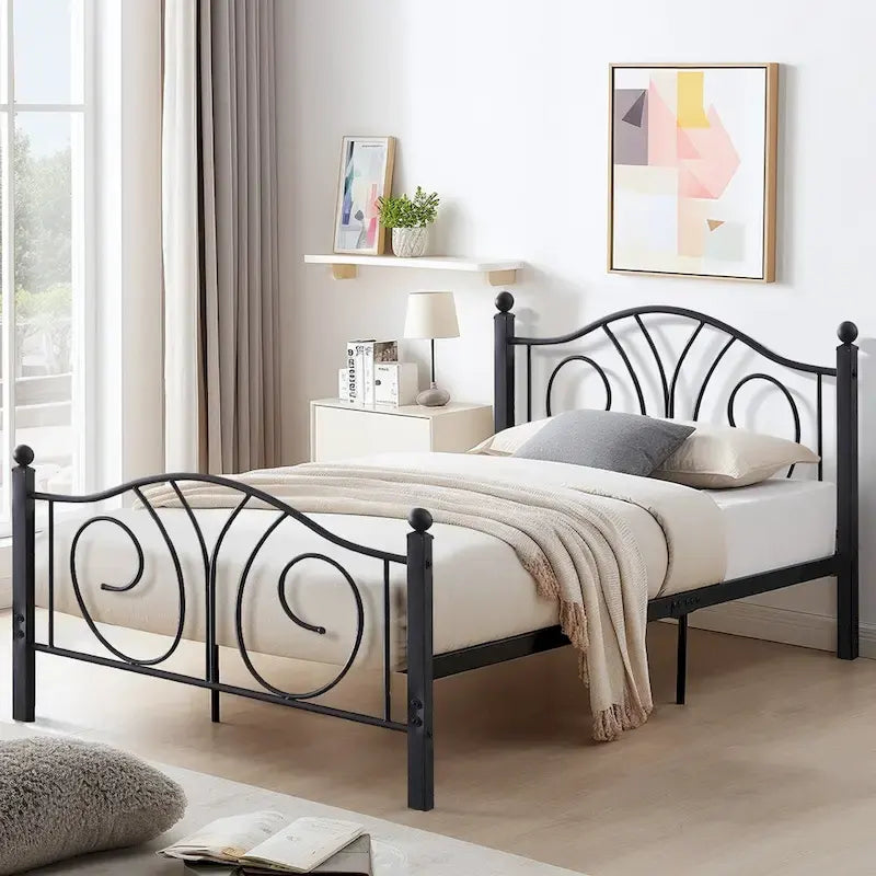 VECELO Platform Bed Frame with Scroll Headboard, Twin/Full/Queen Size Beds