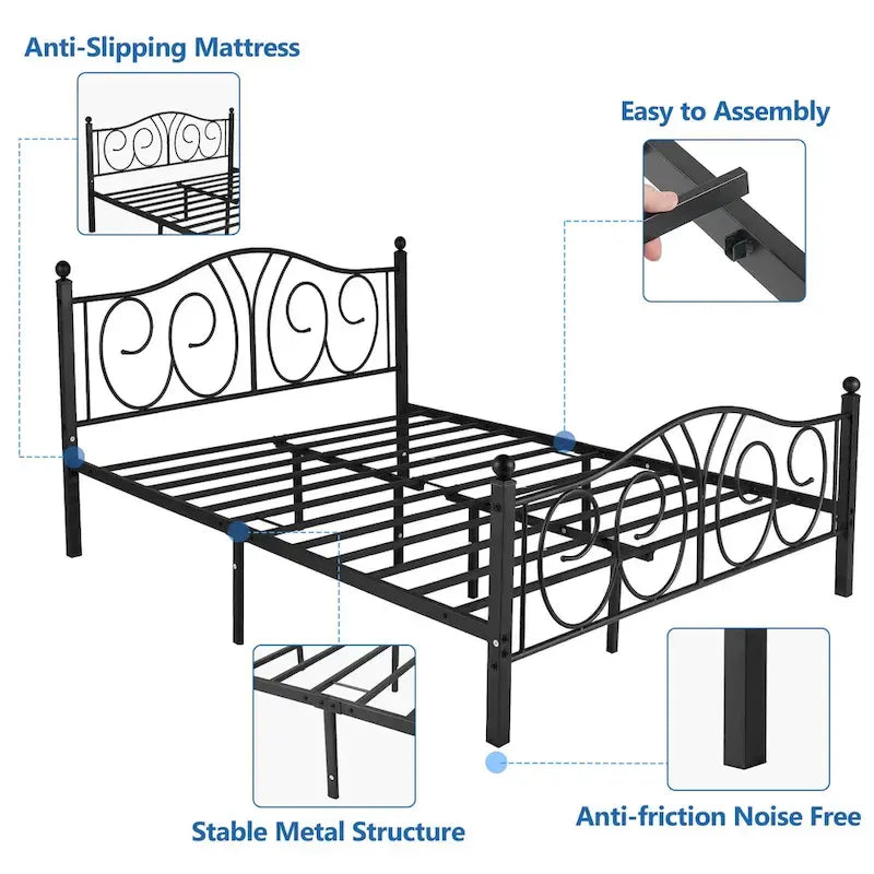 VECELO Platform Bed Frame with Scroll Headboard, Twin/Full/Queen Size Beds