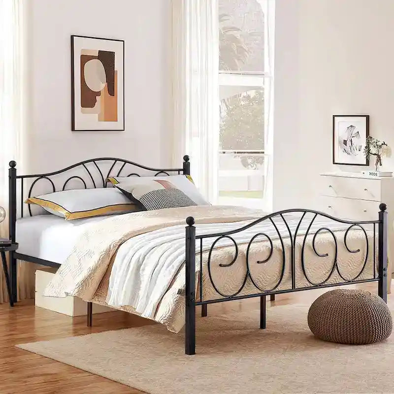 VECELO Platform Bed Frame with Scroll Headboard, Twin/Full/Queen Size Beds