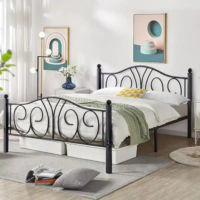 VECELO Platform Bed Frame with Scroll Headboard, Twin/Full/Queen Size Beds
