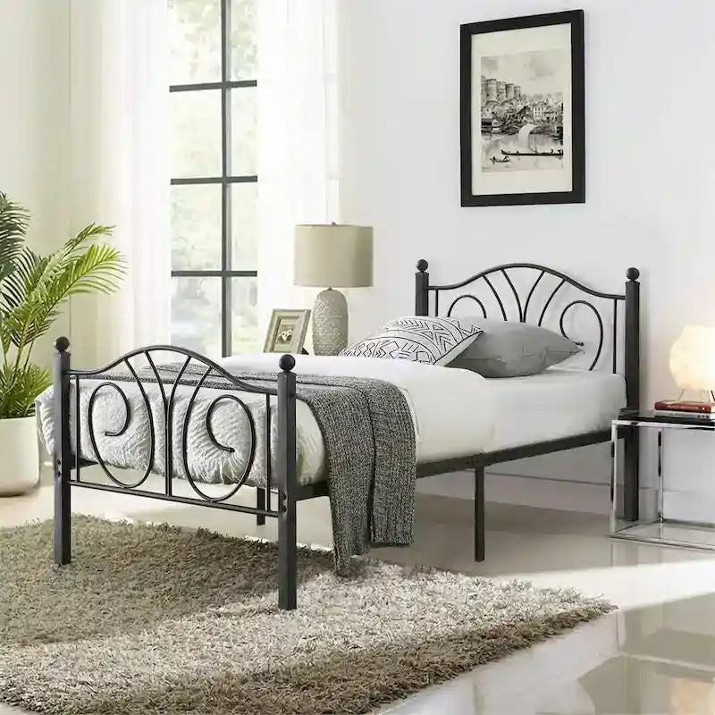 VECELO Platform Bed Frame with Scroll Headboard, Twin/Full/Queen Size Beds