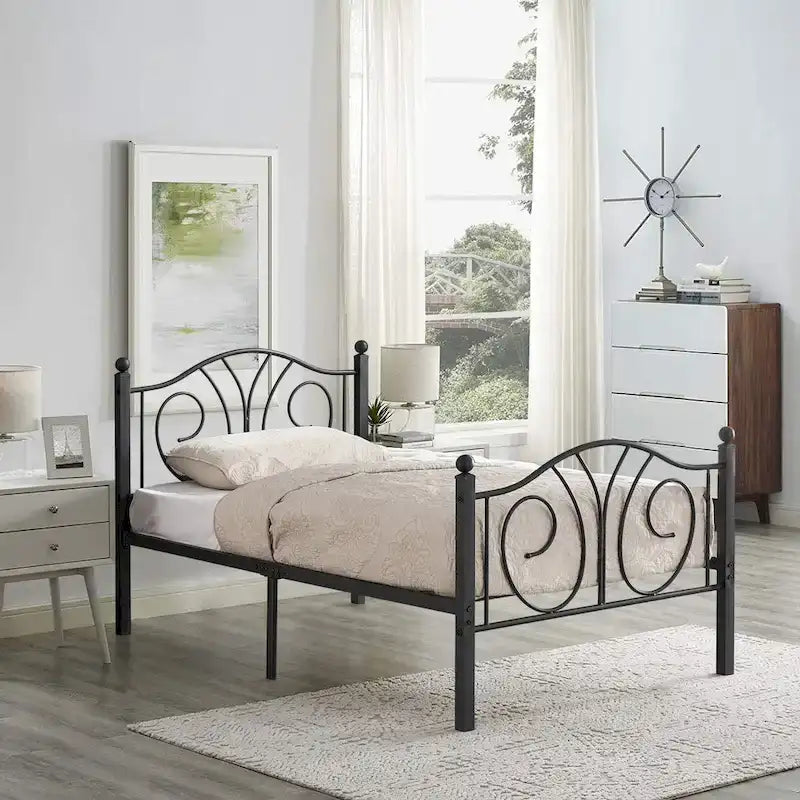VECELO Platform Bed Frame with Scroll Headboard, Twin/Full/Queen Size Beds