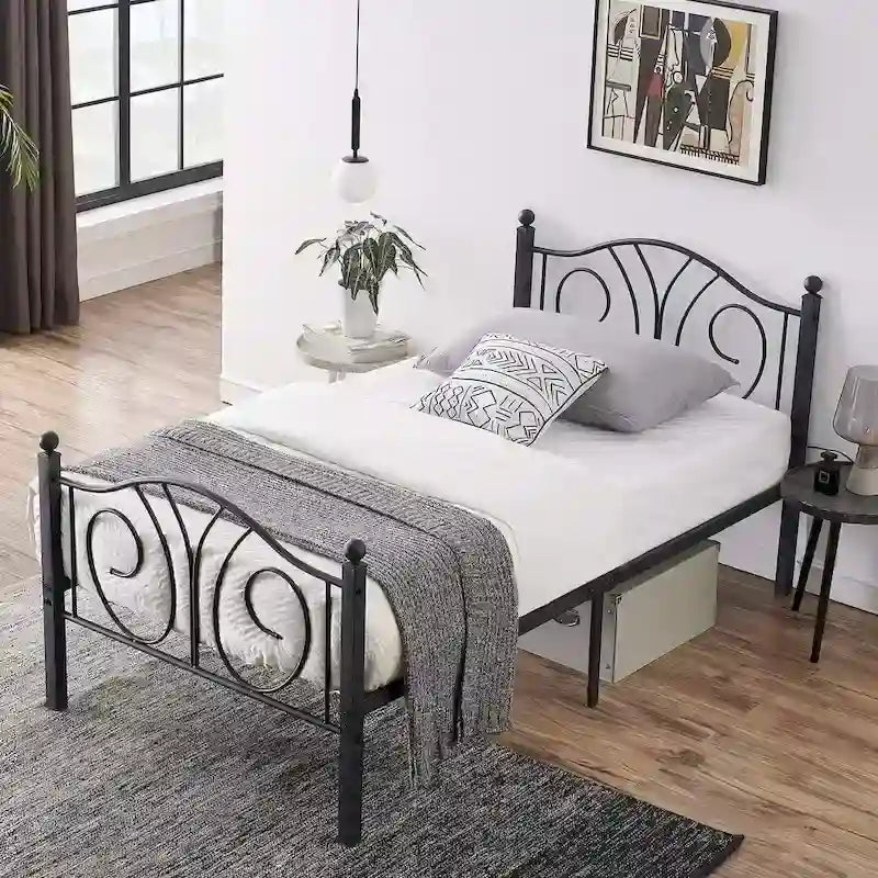 VECELO Platform Bed Frame with Scroll Headboard, Twin/Full/Queen Size Beds