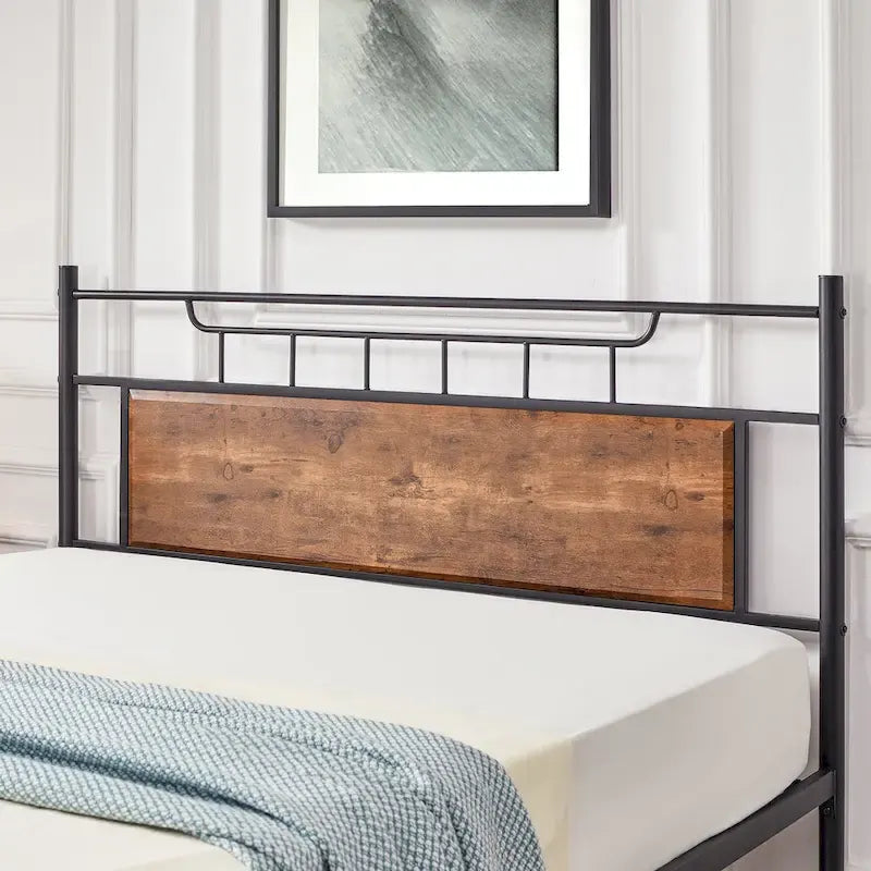 VECELO Industrial Bed Frame with Wood Headboard,Twin/Full/Queen Size Bed, Black/Brown/Slate-3 colors